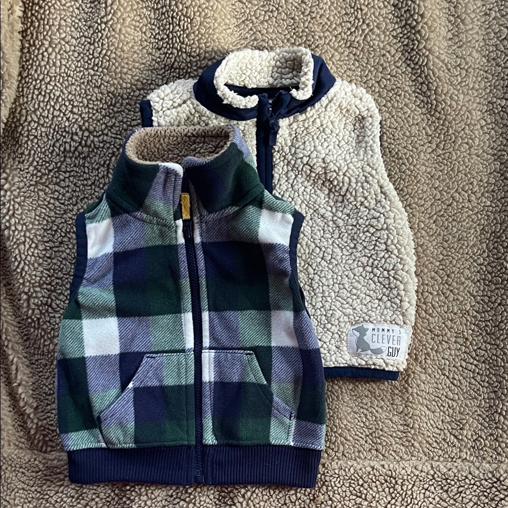 Carter's Green Plaid and Cream Sherpa Vests
